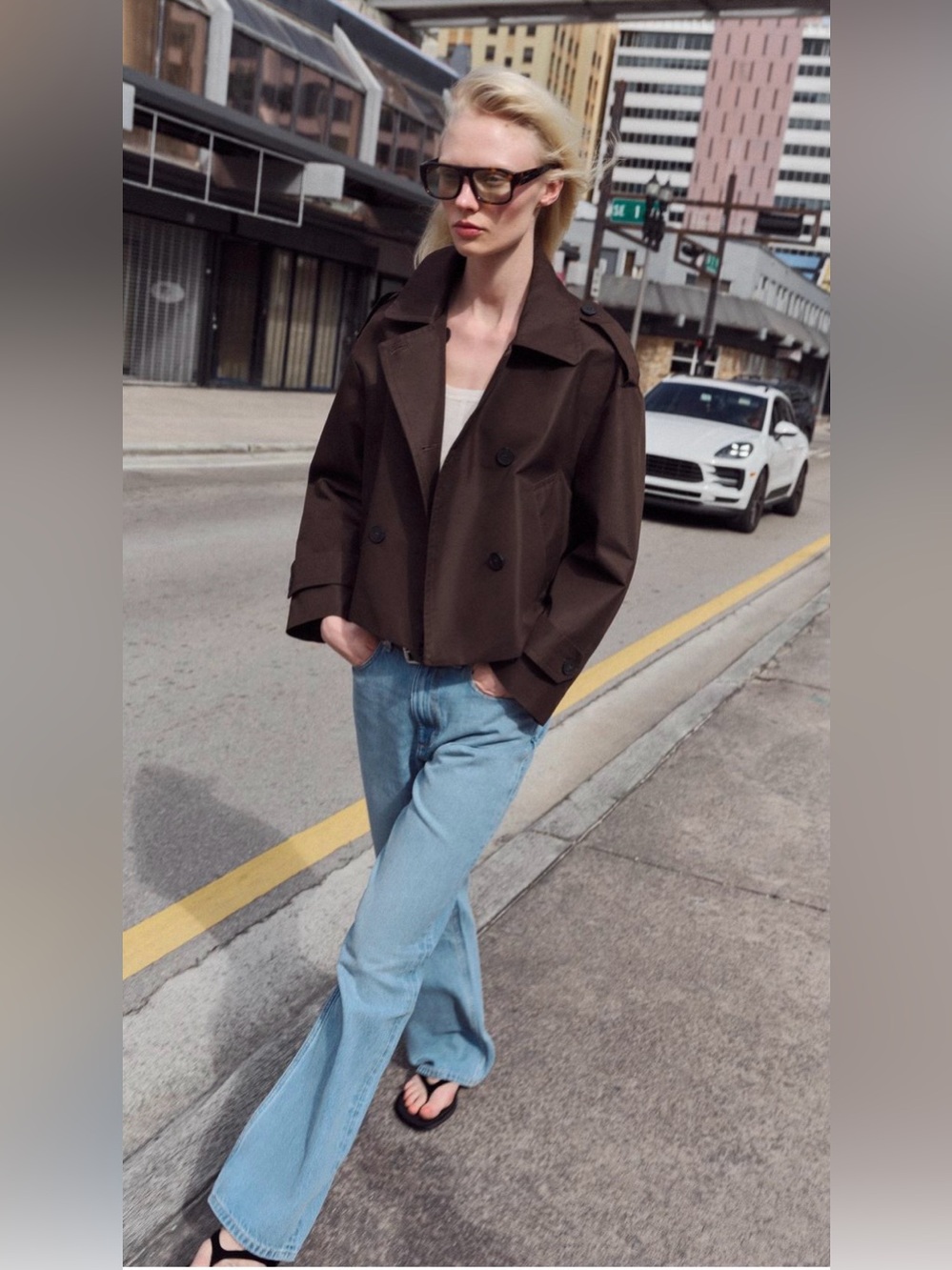 Zara NWT Brown Cropped Trench Coat Double Breasted Belted Cuffs